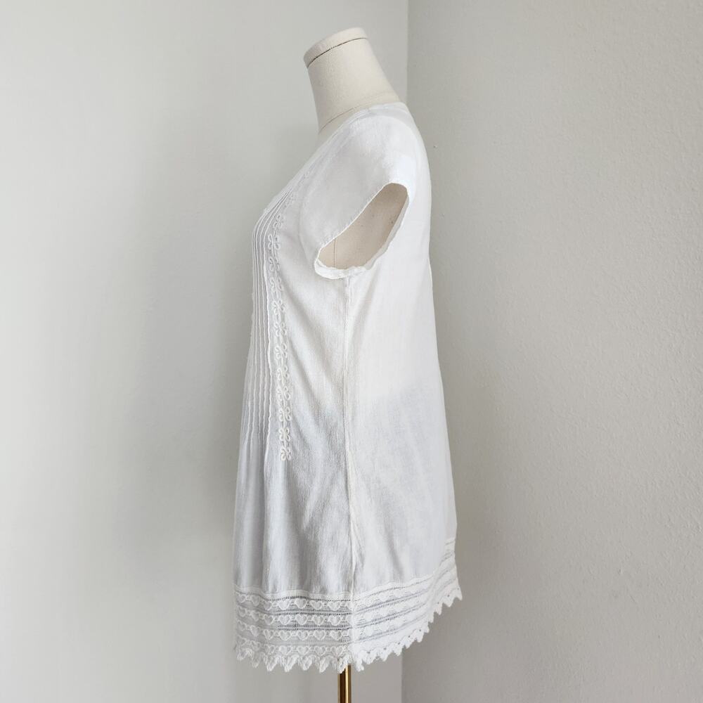 Vintage 90s White Cotton Tunic Blouse Crochet Heart Trim Cottagecore Boho XS S - Picture 3 of 6